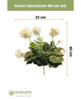 Kunstig Geranium 40 cm hvid: kunstig plante med grønne blade, højde 40 cm og bredde 23 cm, smukt udstillet mod en hvid baggrund med klare mål.