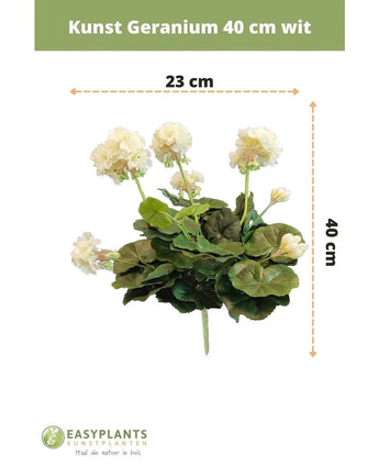 Kunstig Geranium 40 cm hvid: kunstig plante med grønne blade, højde 40 cm og bredde 23 cm, smukt udstillet mod en hvid baggrund med klare mål.