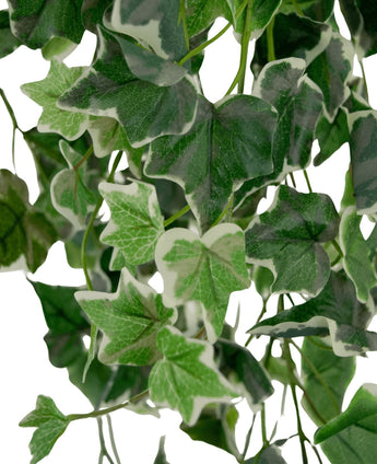 Close-up van Kunst Klimop 130 cm groen/wit, met kunstmatige klimopbladeren met gedetailleerde vormen, aderpatronen en variërende groene tinten met witte randen tegen een witte achtergrond.