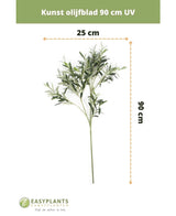 Brandhæmmende kunstige olivenblade 90 cm med grønne blade, ideel som middelhavsdekoration. UV-bestandig og 25 cm bred. Tekst: Kunstigt olivenblad 90 cm brandhæmmende. EASYPLANTS logo i bunden.