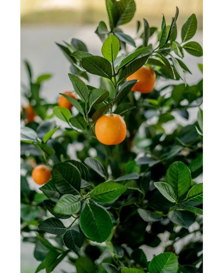 Een close-up van de Kunst sinaasappelboom 120 cm toont levendige oranje vruchten tussen glanzend groene bladeren, met een onscherpe achtergrond die de realistische, levendige uitstraling van de kunstboom benadrukt.