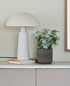 Een moderne witte lamp staat op twee op elkaar gestapelde boeken naast de Kunst Pumila „Silver“ in pot UV 25 cm op een kast met marmeren blad tegen een lichtgekleurde muur.