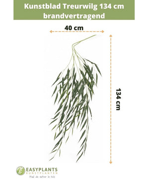 Kunstblad Treurwilg 134 cm brandvertragend met lange, slanke groene bladeren (40 cm breed). Maat- en merkinformatie staat boven- en onderaan op een witte achtergrond.