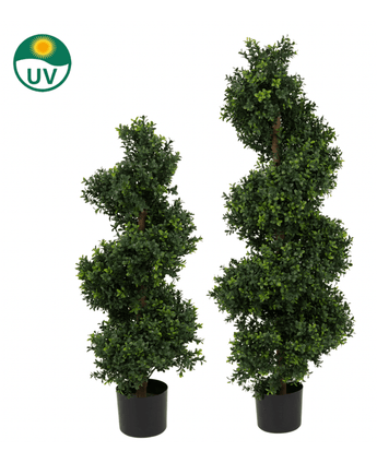 Twee Kunst Buxus Spiraal Romeinse stijl UV 120cm vormbomen in zwarte potten staan naast elkaar, met een klein groen en geel UV-beschermingspictogram in de linkerbovenhoek van de afbeelding.