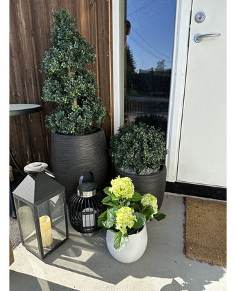 En Kunstig Hortensia Grøn UV 35 cm plante i en hvid potte med gulgrønne blomster står på verandaen nær en brun dør, ved siden af ​​to planter i en sort potte og to dekorative lanterner med stearinlys.