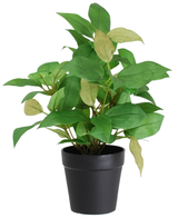 De Kunstplant "House Wanderer" in pot 25cm heeft groene en lichtgele bladeren in een eenvoudige zwarte pot, tegen een witte achtergrond.