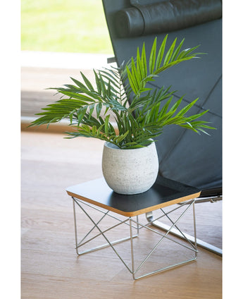 En kunstig palmesalon UV 60 cm står i en krukke på et lille moderne sidebord med sort bordplade og metaltrådsben, ved siden af ​​en sort stol på et lyst trægulv.