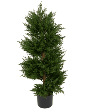 Artificial Plant Conifer Spiral UV 90 cm har tætte, grønne blade, der er arrangeret i en elegant spiral og kommer i en lækker sort plastikpotte mod en hvid baggrund. Denne UV-behandlede og vejrbestandige kunstige cypres er designet til at bevare sit livlige udseende både indendørs og udendørs.