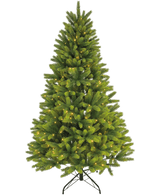 Det kunstige juletræ "Spørg" 100% PE - Smart LED har ægte berøringsgrene, indbygget varmhvid belysning og står på en sort metalfod mod en almindelig hvid baggrund.