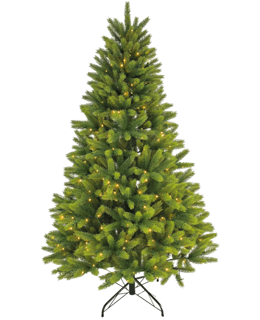 Det kunstige juletræ "Spørg" 100% PE - Smart LED har ægte berøringsgrene, indbygget varmhvid belysning og står på en sort metalfod mod en almindelig hvid baggrund.