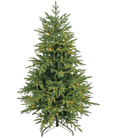 De Kunstkerstboom "Åsmund" PE/PVC - Smart LED is een groene kunstboom met een zwarte metalen standaard, voorzien van kleine, gelijkmatig verspreide warmwitte lampjes en zonder ornamenten of boomtopper.