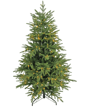 De Kunstkerstboom "Åsmund" PE/PVC - Smart LED is een groene kunstboom met een zwarte metalen standaard, voorzien van kleine, gelijkmatig verspreide warmwitte lampjes en zonder ornamenten of boomtopper.