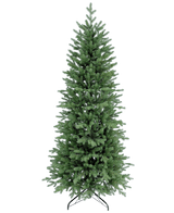 Artificial Christmas Tree Slim "Undset" 100% PE er et højt kunstigt juletræ med tætte grønne PE-grene, føles ægte og står på en sort metalbund. Det er udekoreret og vist mod en almindelig hvid baggrund.