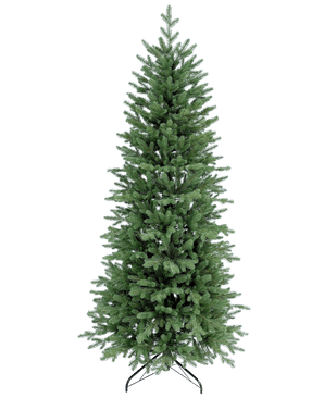 Artificial Christmas Tree Slim "Undset" 100% PE er et højt kunstigt juletræ med tætte grønne PE-grene, føles ægte og står på en sort metalbund. Det er udekoreret og vist mod en almindelig hvid baggrund.