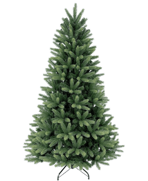 De Kunstkerstboom "Weideman" PE/PVC staat vol en groen op een metalen standaard tegen een effen witte achtergrond, klaar om je favoriete kerstversiering op te zetten.