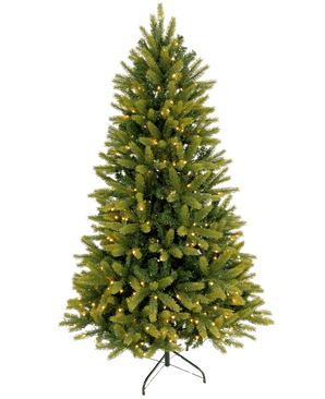 De Kunstkerstboom "Weideman" PE/PVC - Smart LED, met groene takken en warmwitte lampjes, staat op een zwarte metalen voet tegen een effen witte achtergrond.