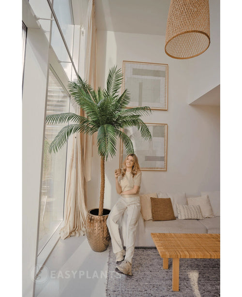 En kvinde i lyst tøj står ved siden af ​​Artificial Palm Phoenix De Luxe 250 cm i en lys, moderne stue med store vinduer, en beige sofa, fletlampe, sofabord i træ og indrammet vægkunst.