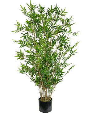 De Kunstplant Bamboe Deluxe 120 cm is een hoge kunstbamboe met meerdere slanke stengels en dunne groene bladeren, gepresenteerd in een eenvoudige zwarte pot tegen een effen witte achtergrond.