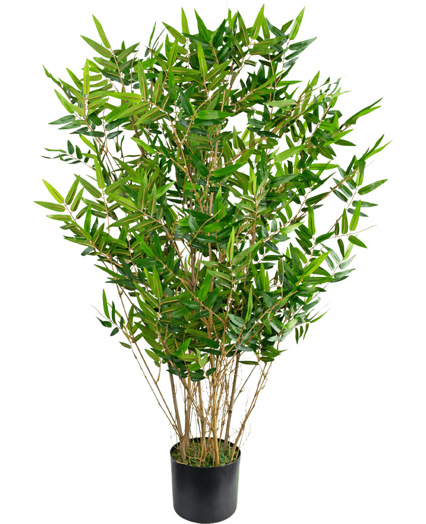 Artificial Plant Bamboo Deluxe 90 cm er en høj, bladgrøn kunstig bambus med slanke grene og lange, smalle blade i en sort potte, afbildet mod en almindelig hvid baggrund.