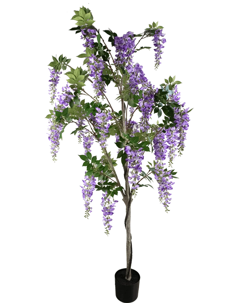 The Artificial Wisteria Plant 210 cm er en kunstig blåregn i en krukke med grønne blade og lilla blomsterklaser mod en almindelig hvid baggrund.