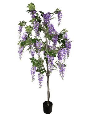 De Kunstplant Blauweregen 210 cm is een kunst blauwe regen in pot met groene bladeren en paarse bloemtrossen tegen een effen witte achtergrond.