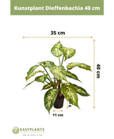 Kunstig plante Dieffenbachia 40 cm: grønne blade med hvide mønstre. Højde 40 cm, bredde 35 cm. Potte Ø11 cm, højde 9,5 cm. Perfekt til dekorative krukker. Easyplants Kunstplanten logo i bunden.