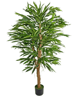 De Kunstplant Longfolia 150 cm is een hoge kunstbamboe met meerdere bruine stengels en lange, smalle groene bladeren, weergegeven in een kleine zwarte pot tegen een effen witte achtergrond.
