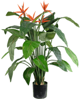 De Kunstplant Strelitzia 120 cm is een kunstparadijsvogel in pot met grote groene bladeren en verschillende oranje, kraanvogelachtige bloemen die boven het gebladerte uitsteken.
