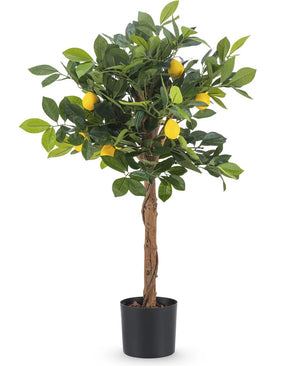 De Kunstplant citroenboom 75 cm heeft groene bladeren en gele kunstcitroenen in decoratieve potten, tegen een witte achtergrond.
