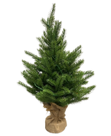 De Kunstkerstboom Mini "Munchi" 60 cm 100% PE - Smart LED is een kleine groene kunstkerstboom met real-touch naalden, een met jute omwikkelde voet en staat rechtop tegen een effen witte achtergrond.