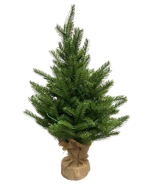 Det kunstige juletræ Mini "Munchi" 60 cm 100% PE - Smart LED er et lille grønt kunstigt juletræ med real-touch nåle, en juteindpakket bund og står oprejst mod en almindelig hvid baggrund.