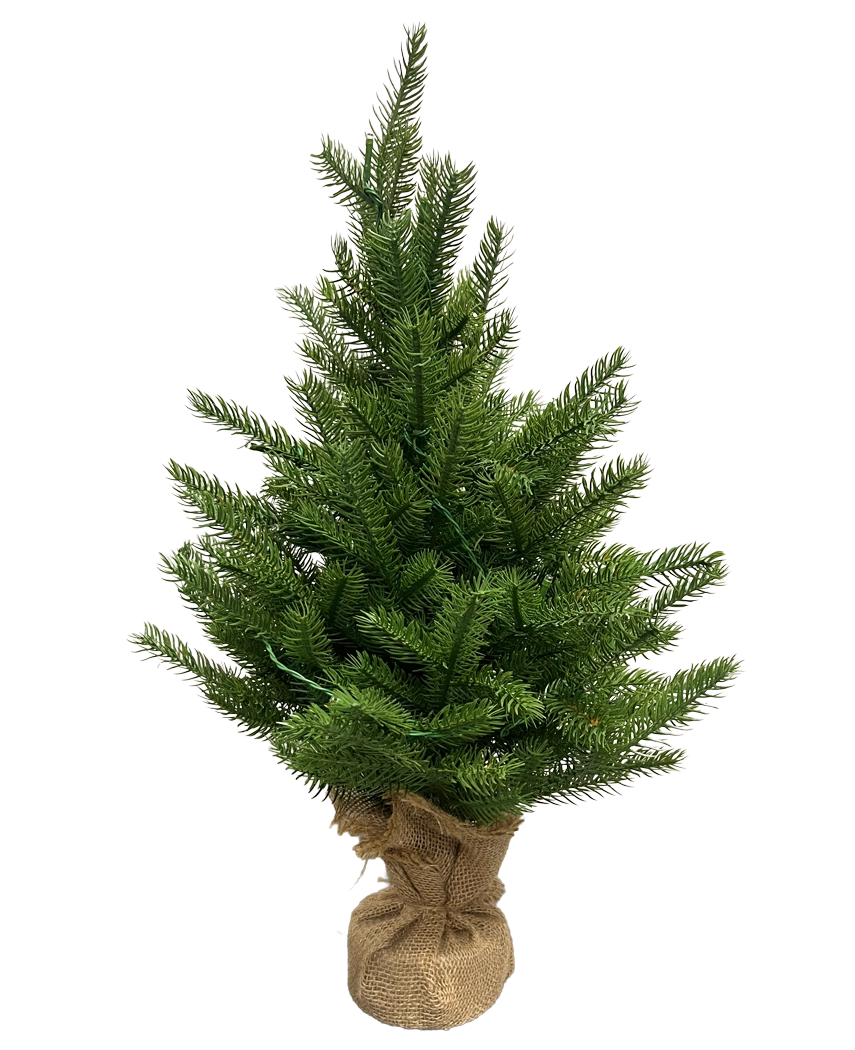 Det kunstige juletræ Mini "Munchi" 60 cm 100% PE - Smart LED er et lille grønt kunstigt juletræ med real-touch nåle, en juteindpakket bund og står oprejst mod en almindelig hvid baggrund.