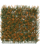Artificial Hedge Buxus orange 50x50 cm UV er et kvadratisk kunstigt panel med grønt og orange løv på et plastgitter, ideel som en dekorativ hæk eller privatskærm, vist her mod en almindelig hvid baggrund.