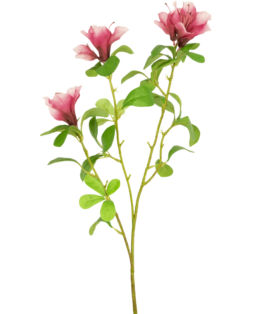En enkelt kunstig blomst Rhododendron Azalea 73 cm fuchsia stilk med tre blomstrende lyserøde blomster og flere grønne blade på en hvid baggrund.