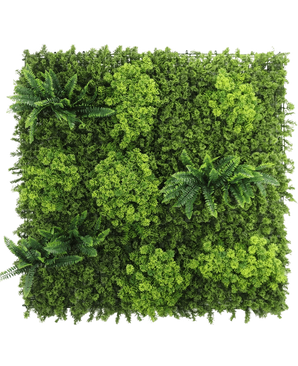 Artificial Hedge Moss 100x100 cm UV-panelet har tæt, varieret grønt løv og flere klynger af bregnelignende blade på en hvid baggrund.