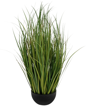 Kunstgræs Dogtail Onion Grass Bran 90 cm brandhæmmende er en sort potte med tætte, høje, tynde, grønne, græslignende blade, der står oprejst, afbildet på en hvid baggrund.