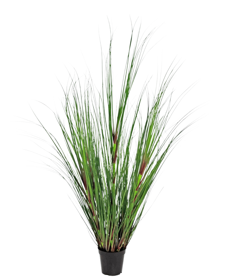 Artificial Gras Plant Onion 120 cm brandhæmmende middel har lange, tynde grønne blade med rødbrune accenter, præsenteret i en potte mod en almindelig hvid baggrund.