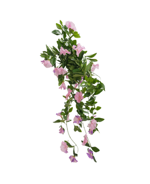 Den kunstige hængeplante Petunia 70 cm har grønne blade og lilla trompetformede blomster mod en almindelig hvid baggrund.