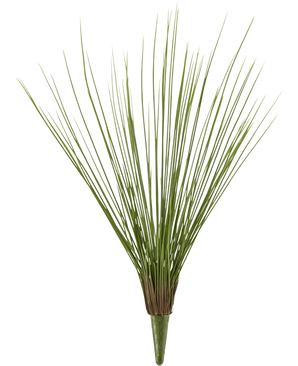 Kunstgræsplanten Royal Grass UV 60 cm har høje, tynde, grønne kunstgræsstængler, der er bundtet i bunden og vifter udad mod en almindelig hvid baggrund.