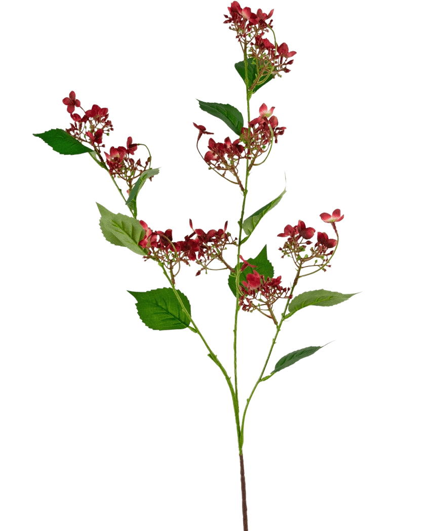 Den Kunstige Blomst Vild Hortensia 86 cm rød har en høj stilk med klaser af små, mørkerøde blomster og flere grønne blade, afbildet på en hvid baggrund.