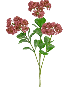 En kunstig Sedum-gren 56 cm pink med grønne blade og bundter af små, runde, tjavsede pink-røde blomster mod en hvid baggrund.