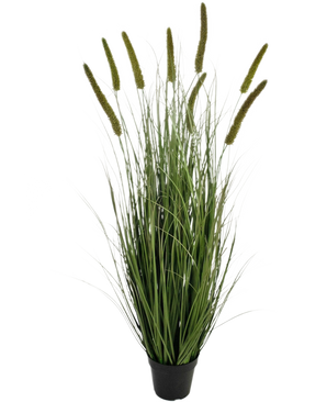 Artificial Grass Cattail Onion Grass Pot 120 cm brandhæmmende er et prydgræs i en potte med lange, tynde grønne blade og flere høje, opretstående frøhoveder, mod en almindelig hvid baggrund.