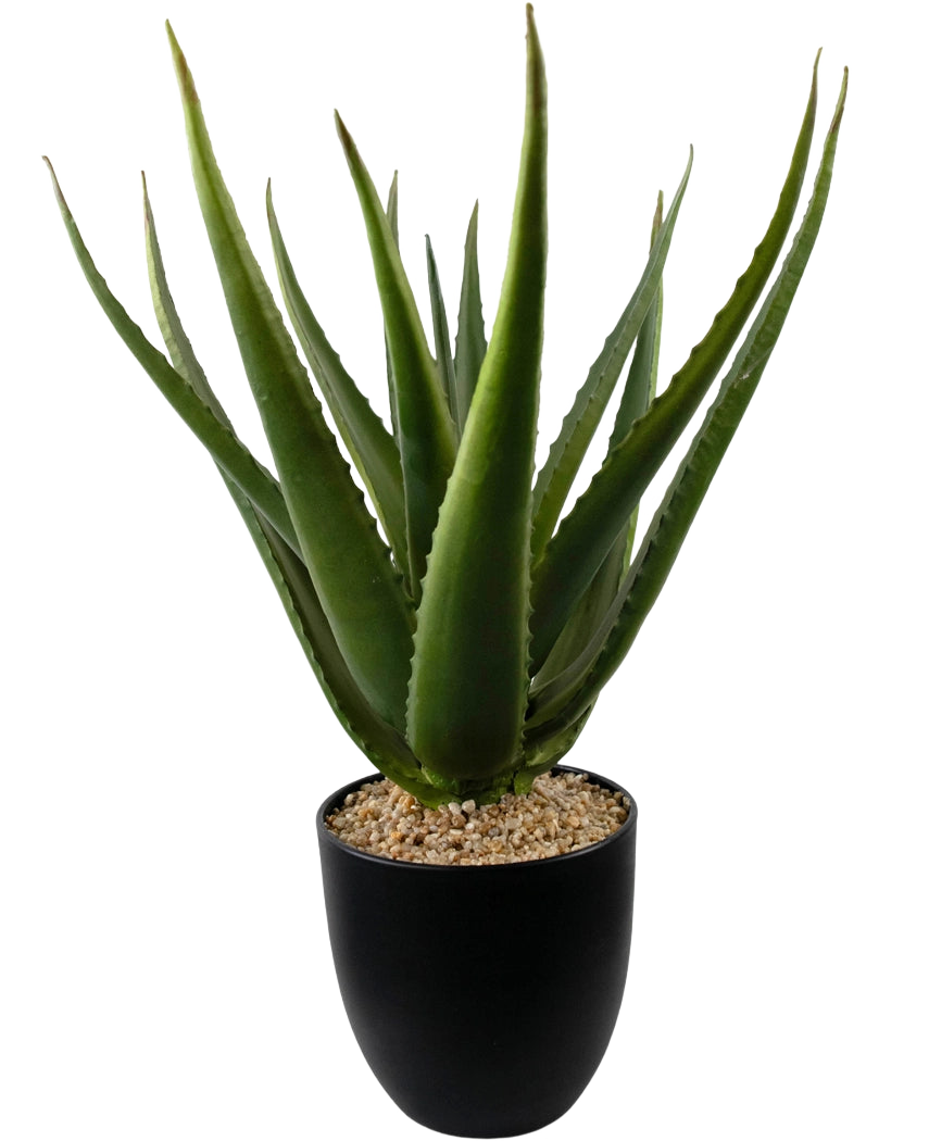 Et nærbillede af den kunstige plante Aloe Vera 45 cm viser tykke, grønne, spidse blade i en sort potte fyldt med små lysebrune småsten.