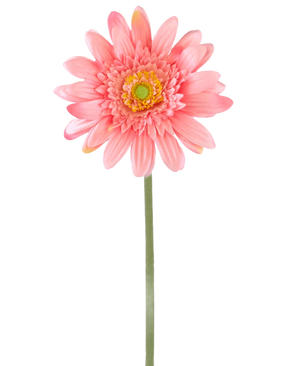 En Artificial Flower Gerbera 55 cm pink har en enkelt pink gerbera med et gulgrønt hjerte på en lang grøn stilk, mod en almindelig hvid baggrund.