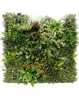Artificial Hedge Prestiage 100x100 cm UV er et tæt lodret havepanel med forskellige grønne planter og løv i et firkantet arrangement, med forskellige bladformer, størrelser og grønne nuancer.