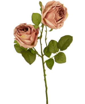 Artificial Rose Deluxe 55 cm pink har to pink-brune kunstige roser med grønne blade på en enkelt stilk, som danner en slående kontrast mod en almindelig hvid baggrund.