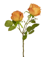 Artificial Rose Deluxe 55 cm fersken har to ferskenfarvede kunstige roser på en stilk med grønne blade, ideel til blomsterdekoration eller som elegante kunstige silkeblomster.