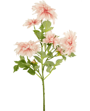 Artificial Flower Dahlia 68 cm pink har en enkelt grøn stilk med flere lys pink dahlia blomster og grønne blade, mod en almindelig hvid baggrund.