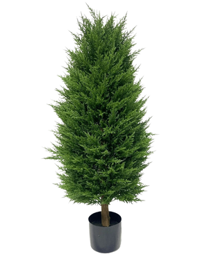 Den Kunstige Plante Nåletræ deluxe UV 100 cm er en lille kunstig plante i en potte med tætte, lysegrønne blade og en konisk form, perfekt til en vedligeholdelsesfri have, vist mod en almindelig hvid baggrund.