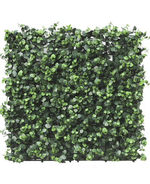 Artificial Hedge Eucalyptus 50x50 cm UV er et firkantet panel med tætte, små, runde kunstige eukalyptusblade, tæt pakket for et levende og naturligt look, perfekt til at skabe frodige lodrette haver eller dekorative vægge indendørs eller udendørs.